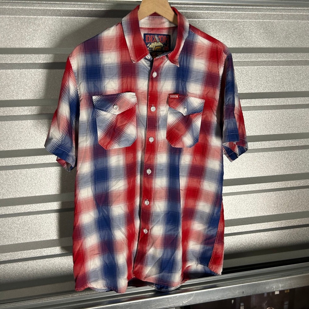 Dixxon Flannel All Star Short Sleeve Button Up Shirt Mens L Red White Blue Plaid